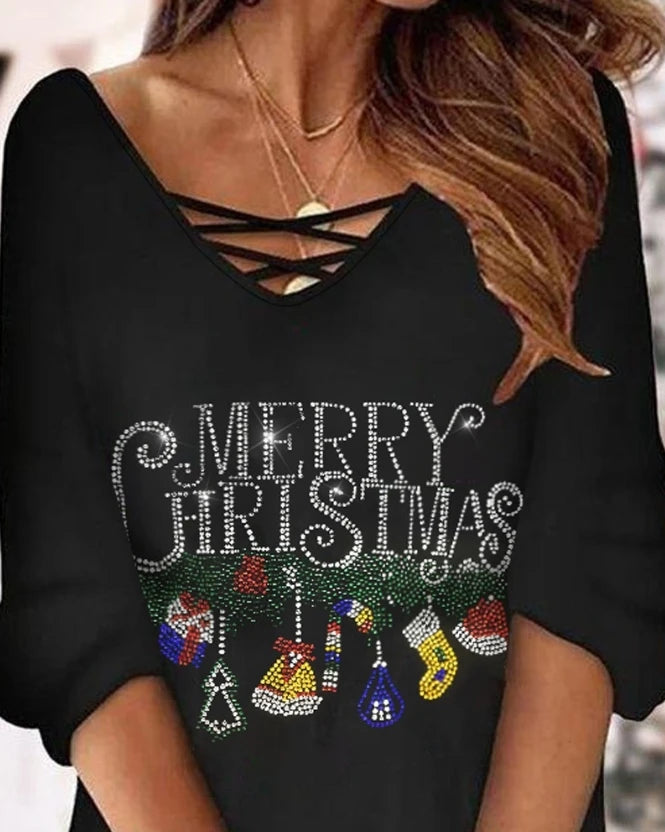 Rhinestone Christmas Pattern Casual V-Neck Long Sleeve Mini Straight Dress