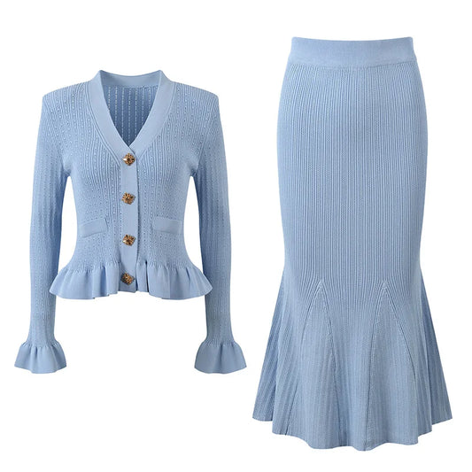 Elegant Flare Sleeve Sweater with Long Mermaid Skirt 2 Piece Knit Set
