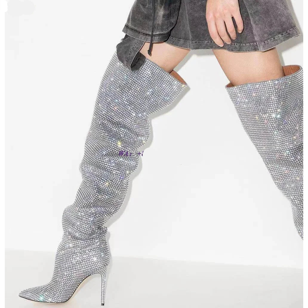 Stylish High-Heeled Rhinestone Pointed Toe Pleated Over-The-Knee Boots