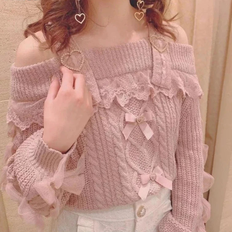 Sweet  Cute Off Shoulder Lace Ruffles Bow Sweater