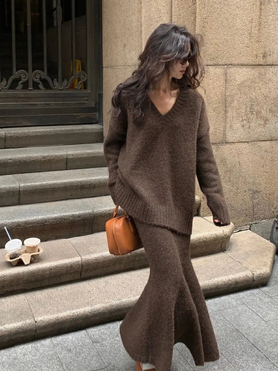 Lazy Sweater V-neck Pullover Knitted Sweater Top Half Skirt Fashion Two-piece Set