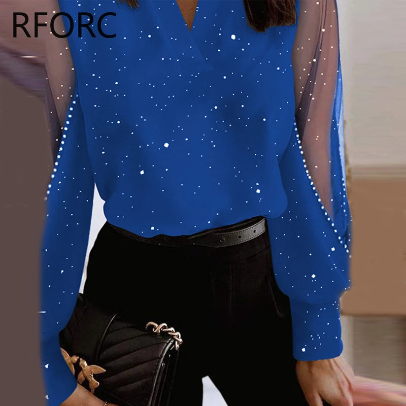 Glitter V Neck Contrast Mesh Patch Rhinestone Long Sleeves Blouse