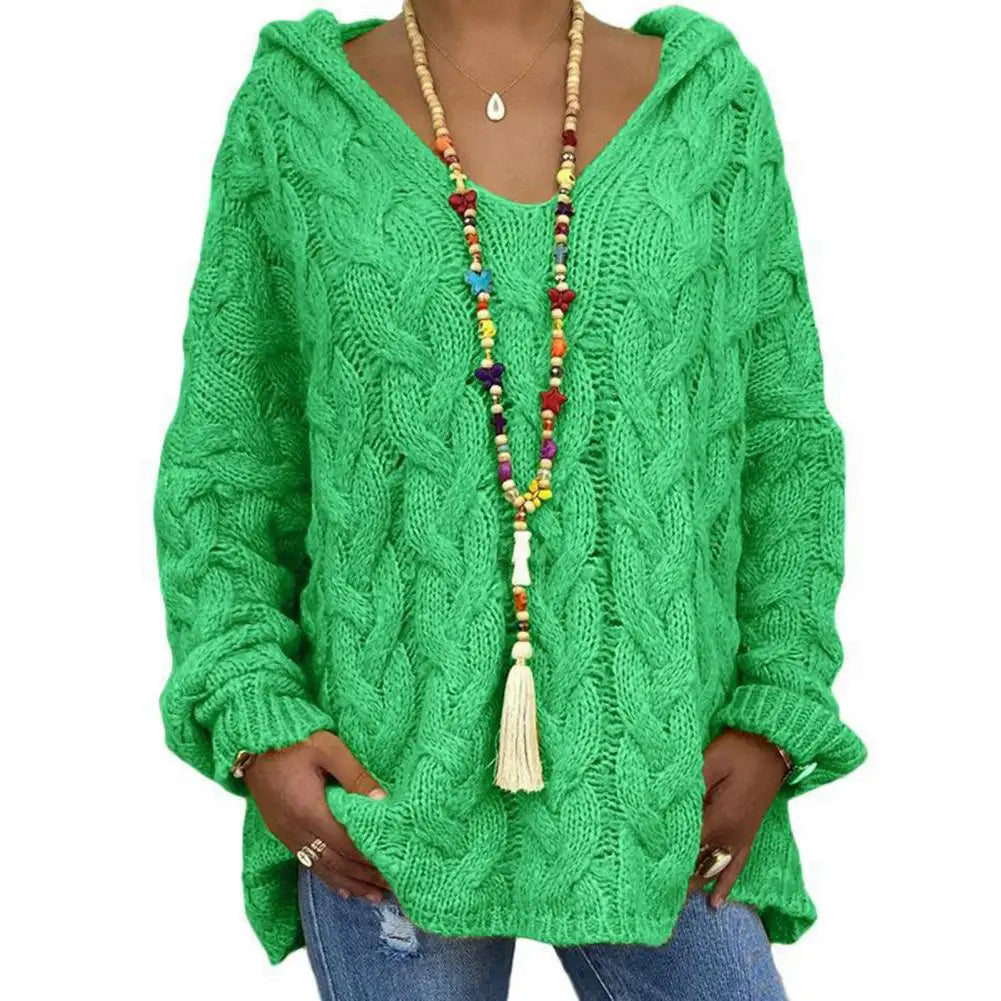 Hooded V-Neck Long Sleeves Twist Knitted Hoodie