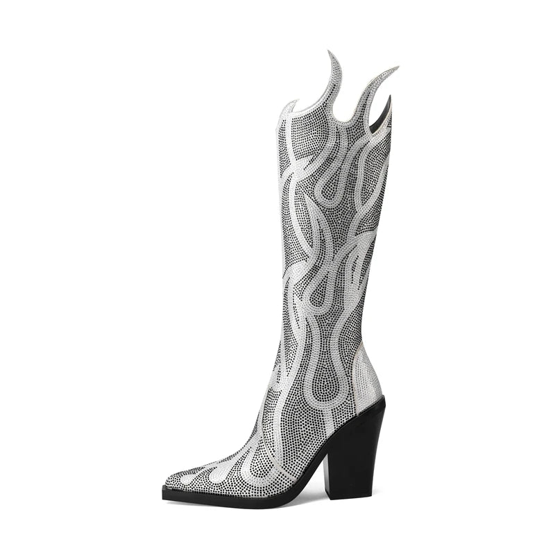 Flame Rhinestone oversized high heeled boots