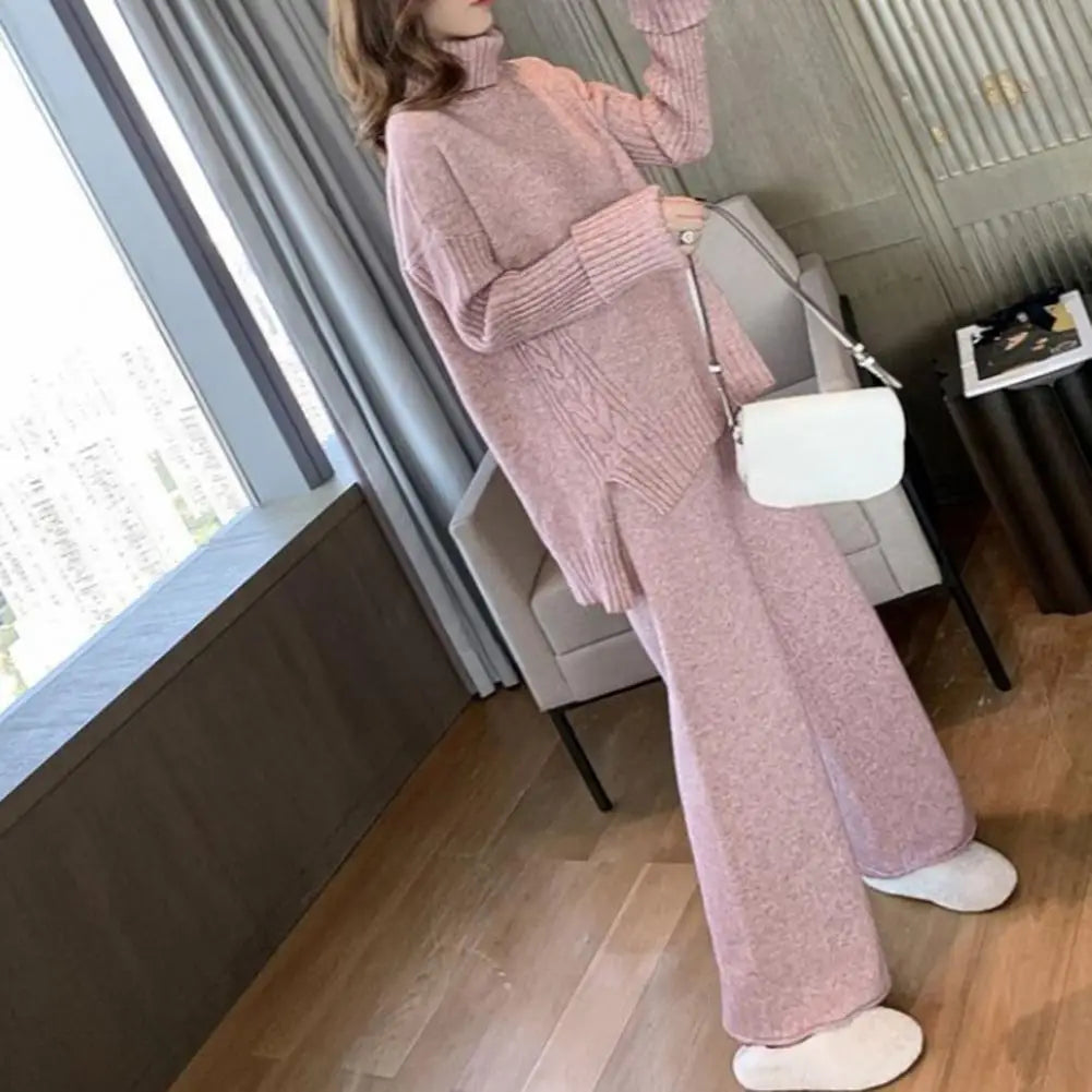 2Pcs Turtleneck Sweater Straight Wide Leg Pants Set