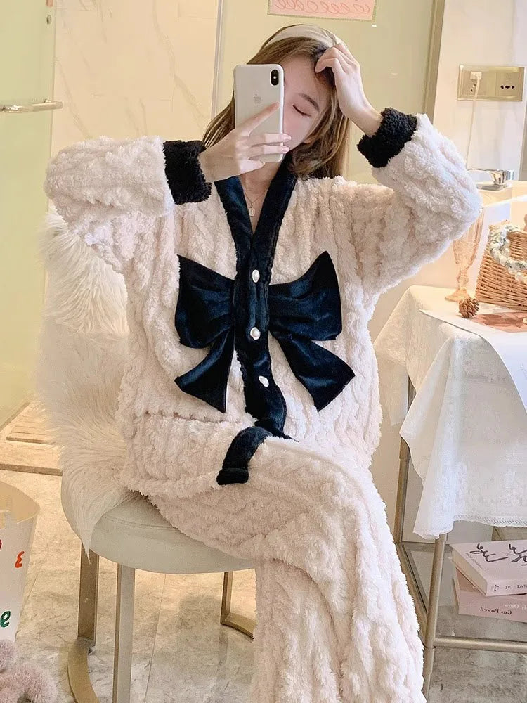 2Pcs Bow Long Sleeve Cardigan V-neck Pajama Sets