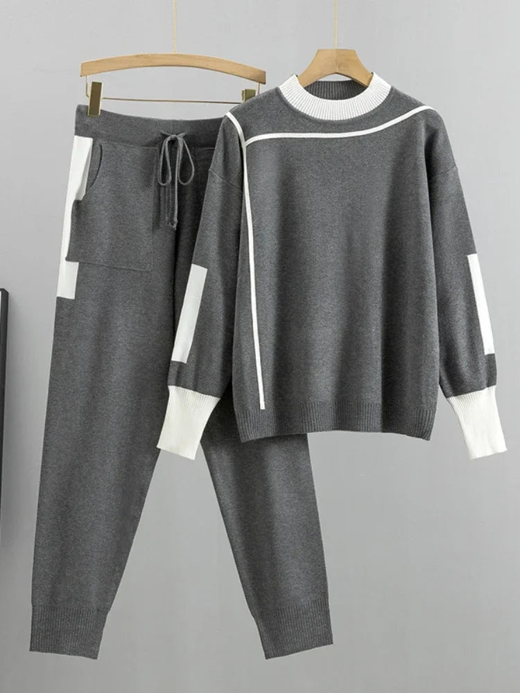 Winter Casual Thicken Pullover Sweater Knitted Pant 2PCS Suits