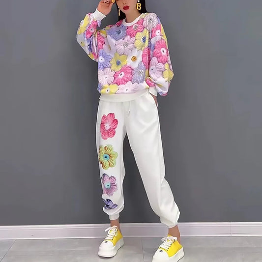 Sequined Embroidery Flowers Printed Hoodies Sweatsuit