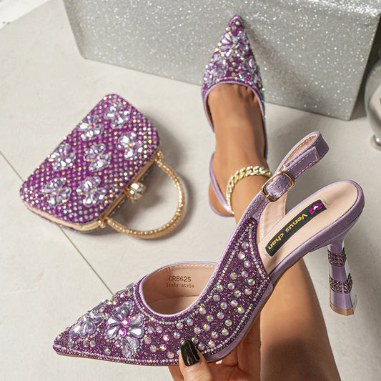 Venus Chan 2025 Women’s High Heel and Rhinestone Handbag Set - Italian Design