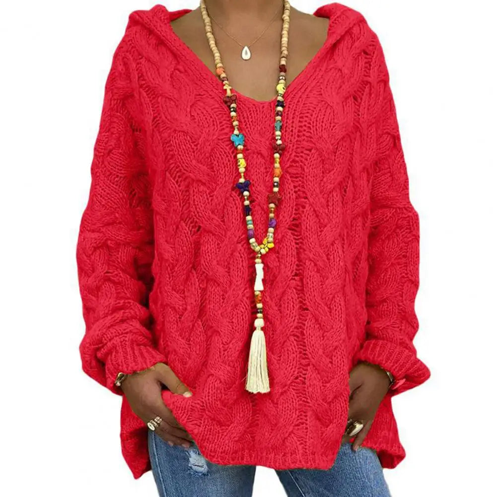 Hooded V-Neck Long Sleeves Twist Knitted Hoodie