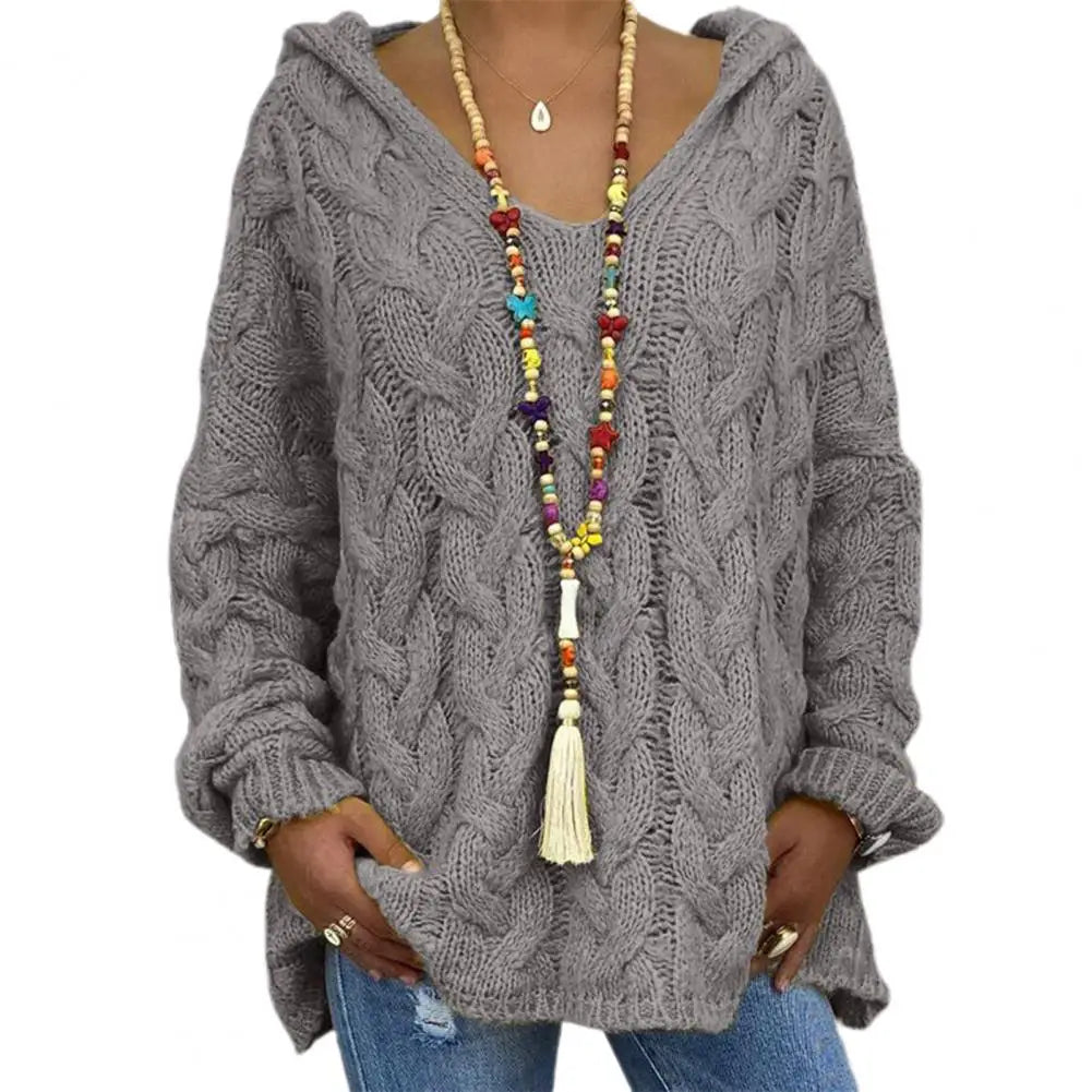 Hooded V-Neck Long Sleeves Twist Knitted Hoodie