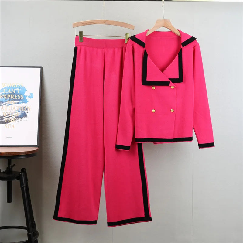 Turn Down Collar Double Breasted  Sweater Set