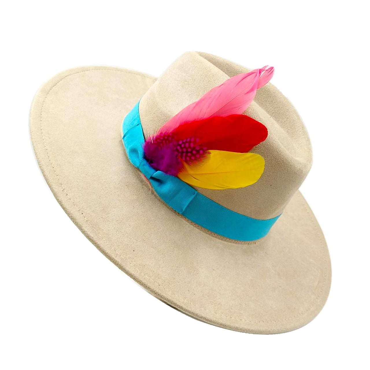 Wide Brim Feather Suede Fedora Hat Heart Top 9.5cm