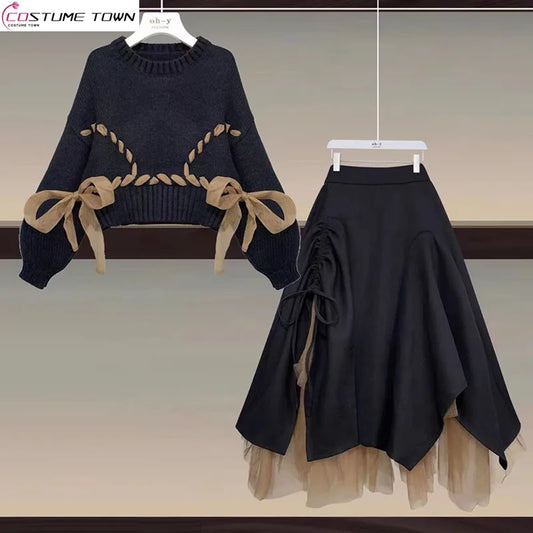 New Slim Style Lace Up Sweater Mesh Skirt Two Piece Set