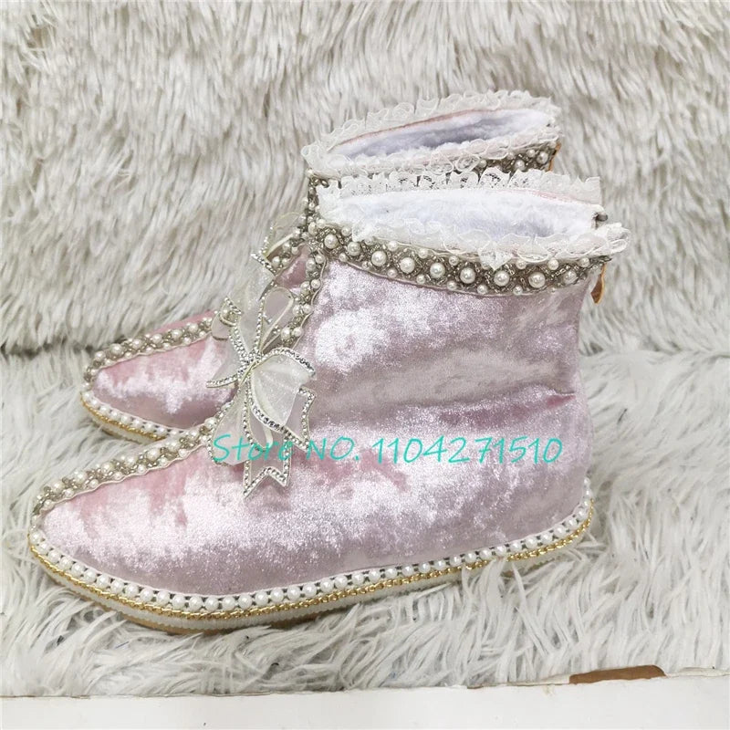 Velvet Lace Bow Snow Boots