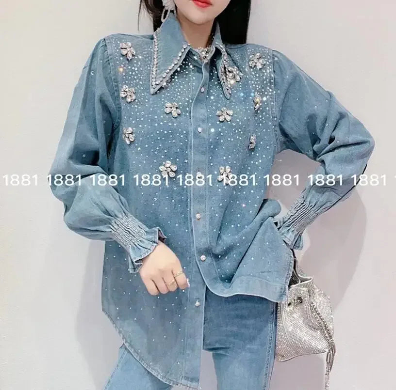 Diamonds Beaded Denim Shirts Lace Stitching Ruffles Blouses