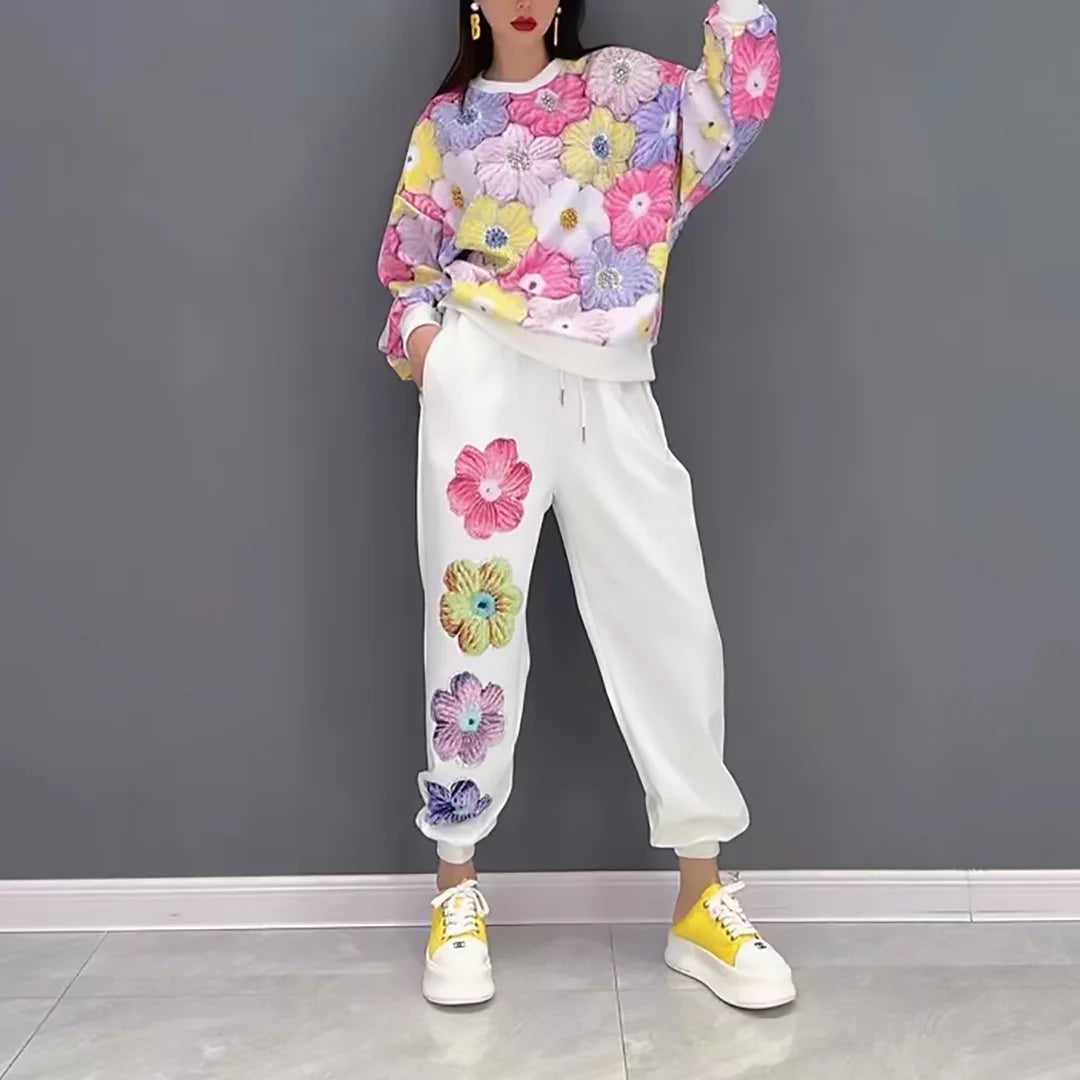 Sequined Embroidery Flowers Printed Hoodies Sweatsuit
