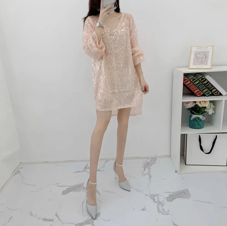 Summer New Short Sleeve Sequin V-Neck Loose T-Shirt Dress