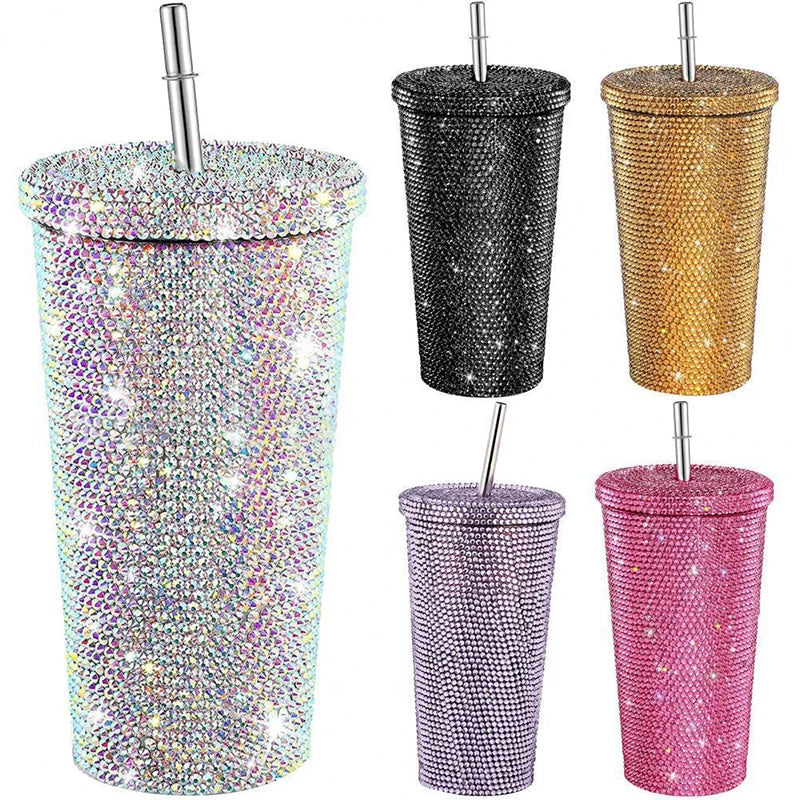 500ml Straw Cup With Lid Reusable Rhinestone Stainless Steel Double Layer Thermos Cups