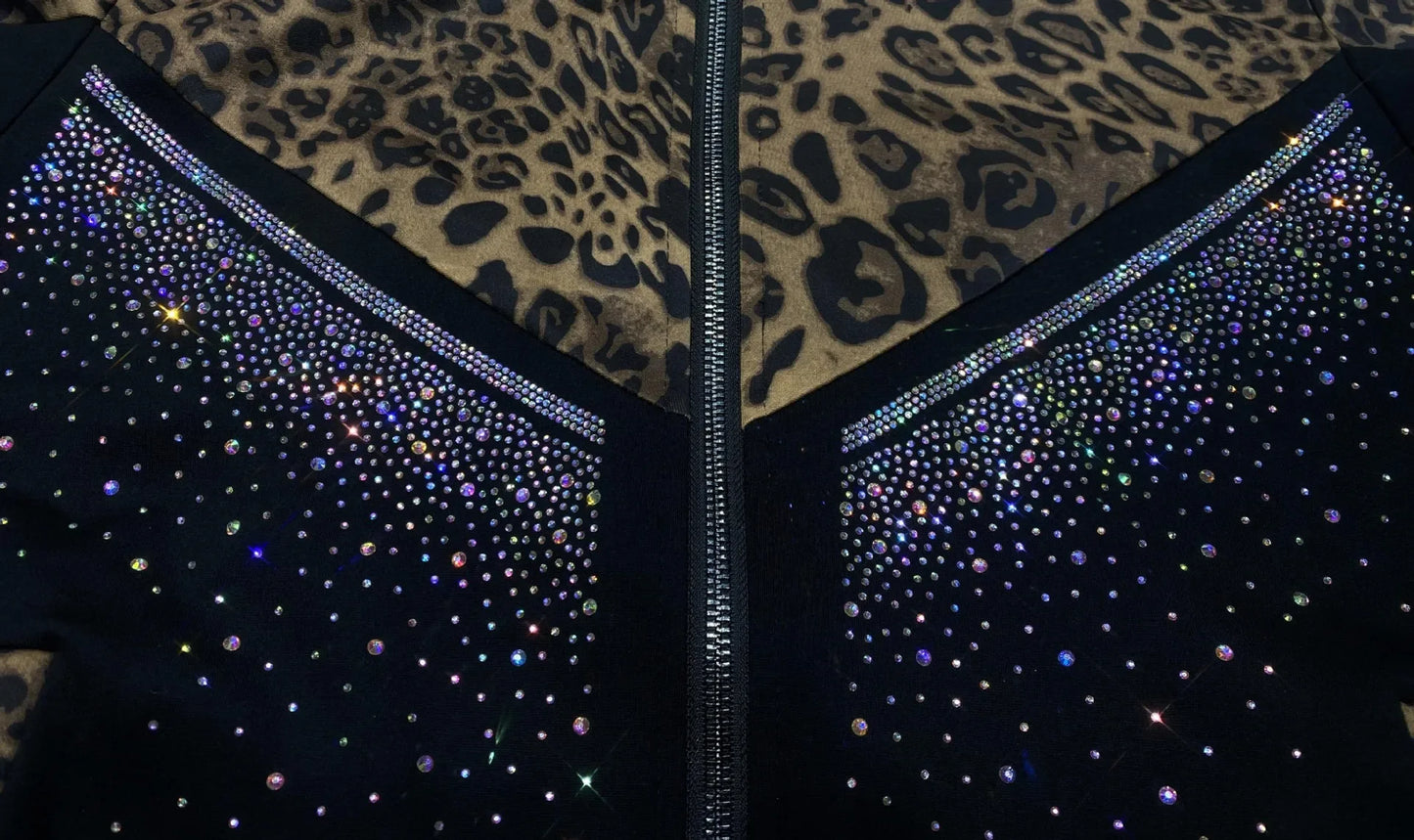 Leopard Printed Drilling Coat Sequined Diamonds Jacket Suits 2pcs Set