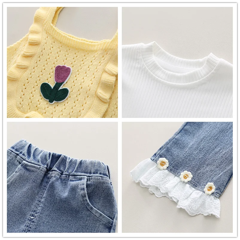 Baby Girls Knitted Vest, Bubble Sleeve T-shirt, and Jeans Set