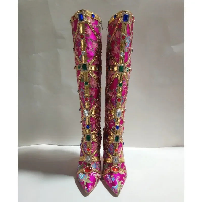 European Colorful RhinestoneEmbroidery Pointed Boots