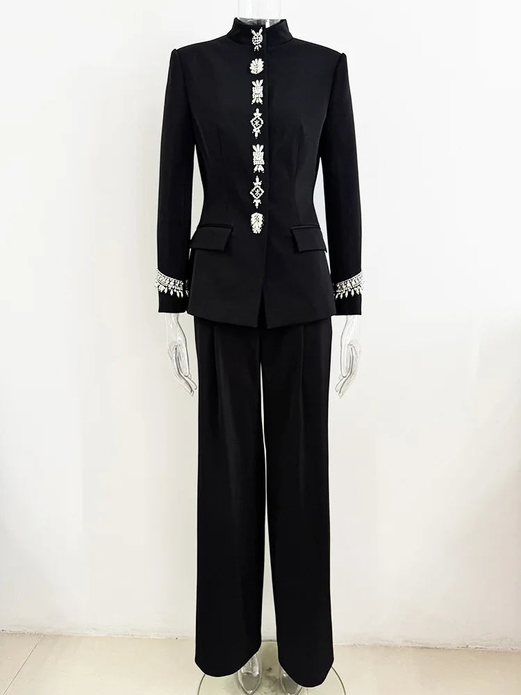 2025 Designer Suit Women Beaded Diamonds Stand Collar Jacket Pants Suit 2pcs Set ﻿