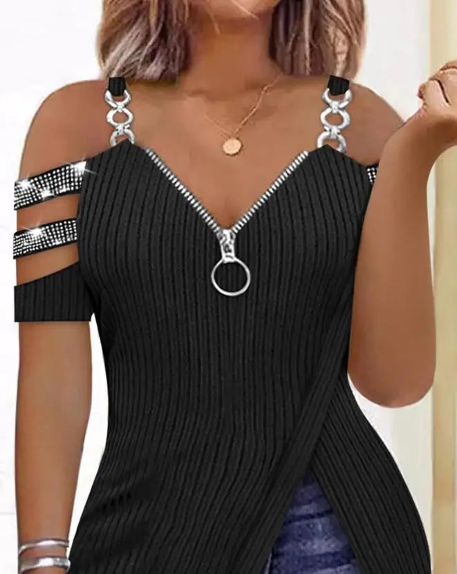 Rhinestone T-Shirt with  Zipper Details Split Bottom Design