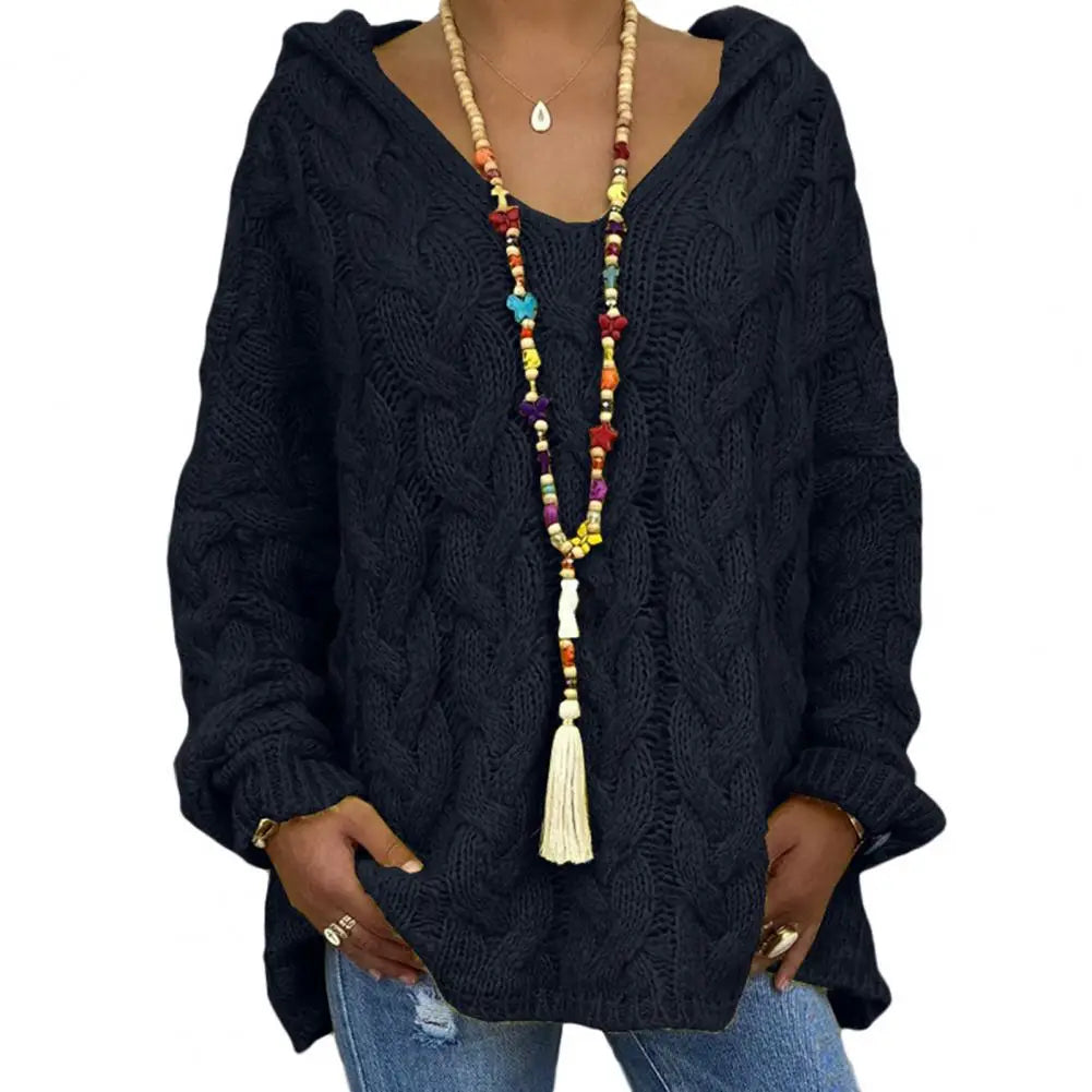 Hooded V-Neck Long Sleeves Twist Knitted Hoodie