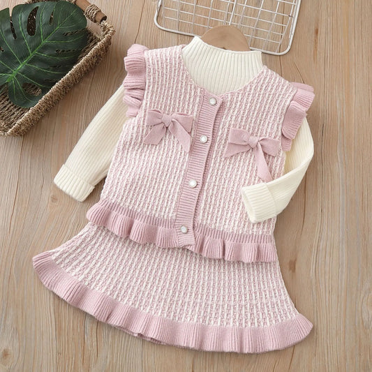 Girls Knitted Woolen Jersey Sweaters Vest Skirts 3pcs Dress Suit