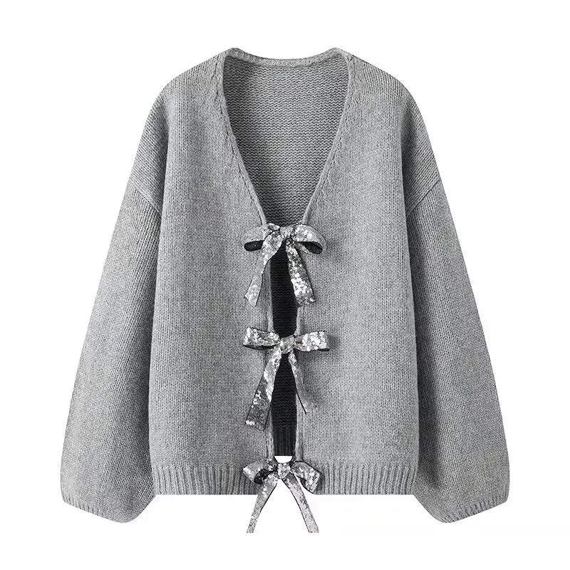 Cardigan Collarless Long Sleeves And Placket With Sequined Bow Sweater