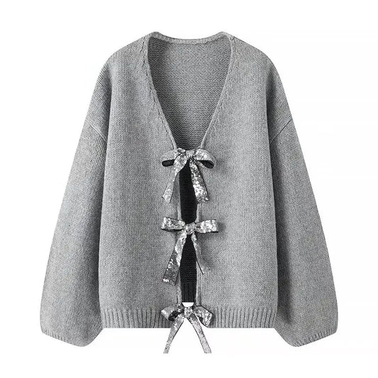 Cardigan Collarless Long Sleeves And Placket With Sequined Bow Sweater