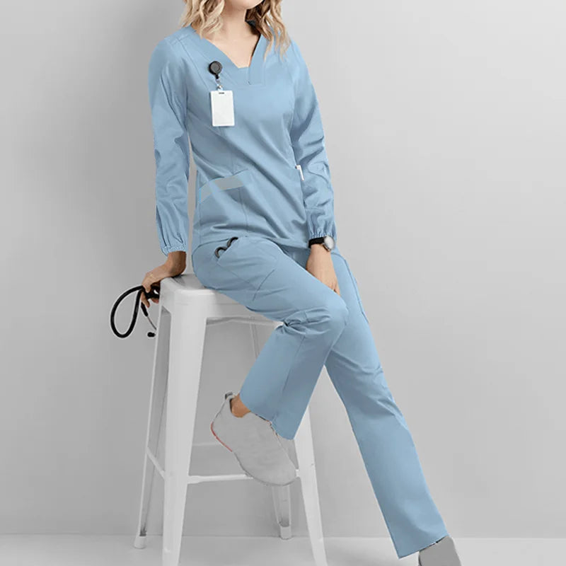 Long Sleeve V-neck Scrub Set