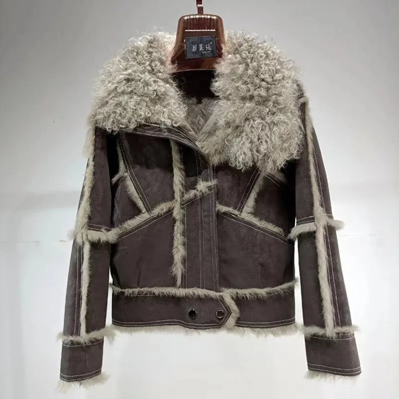 Short Sheepskin Jacket With 100%Natural Rabbit Lining