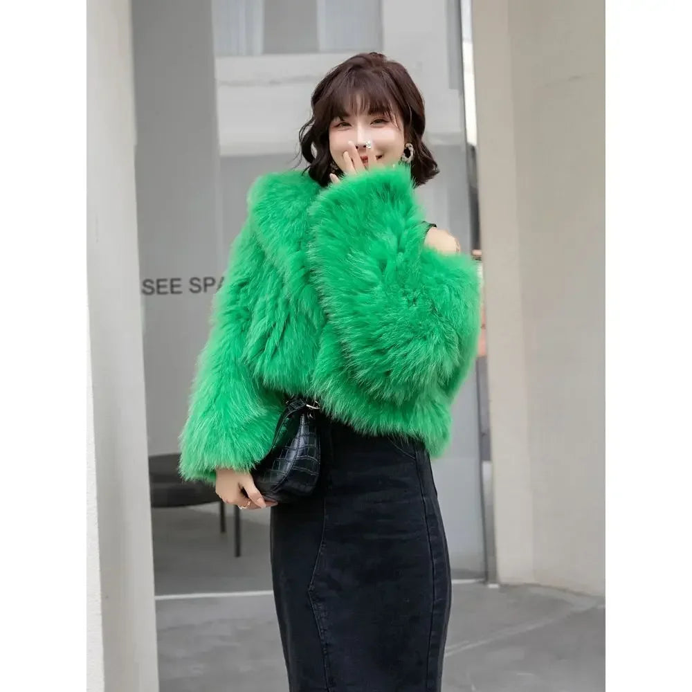 Luxury Winter Lapel Mink Collar Faux Fox Fur Bomber Jacket