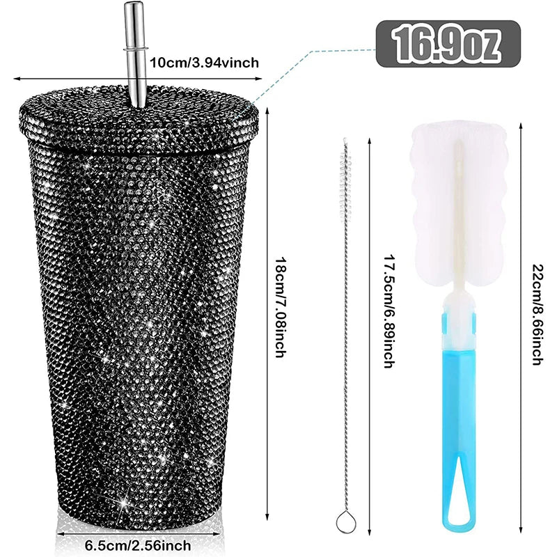 500ml Straw Cup With Lid Reusable Rhinestone Stainless Steel Double Layer Thermos Cups