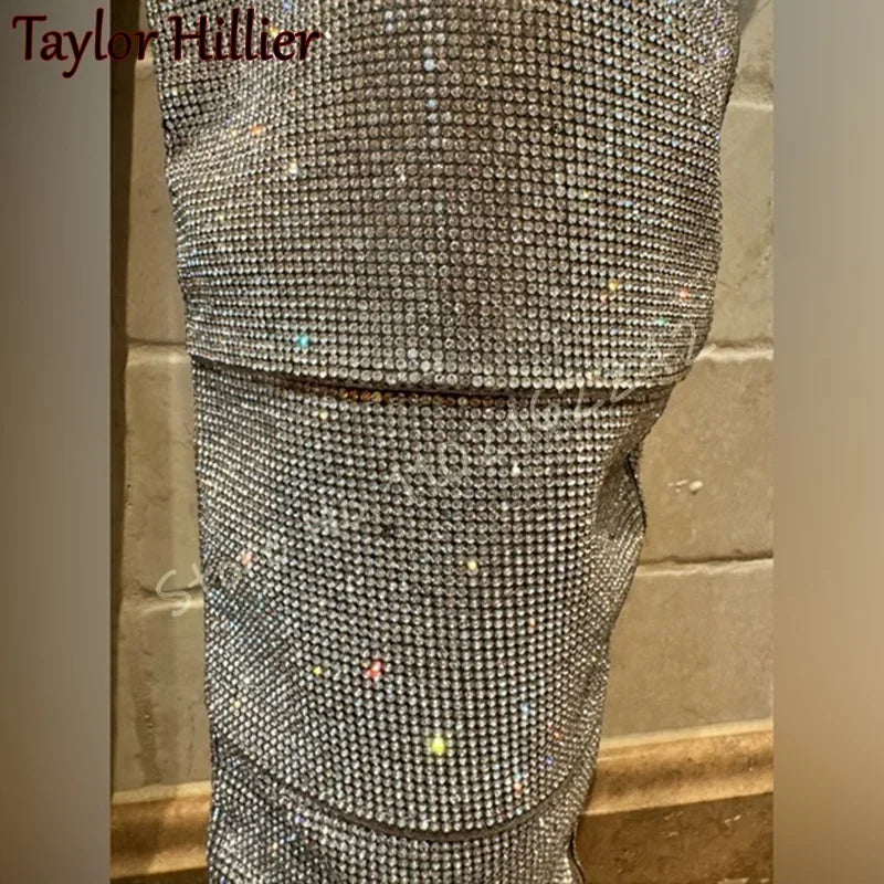 Rhinestone Stitching Over The Knee Boots Women'S Pointed Side Zipper Blingbling Long Boots Fashion Nightclub Dinner Modern Boots