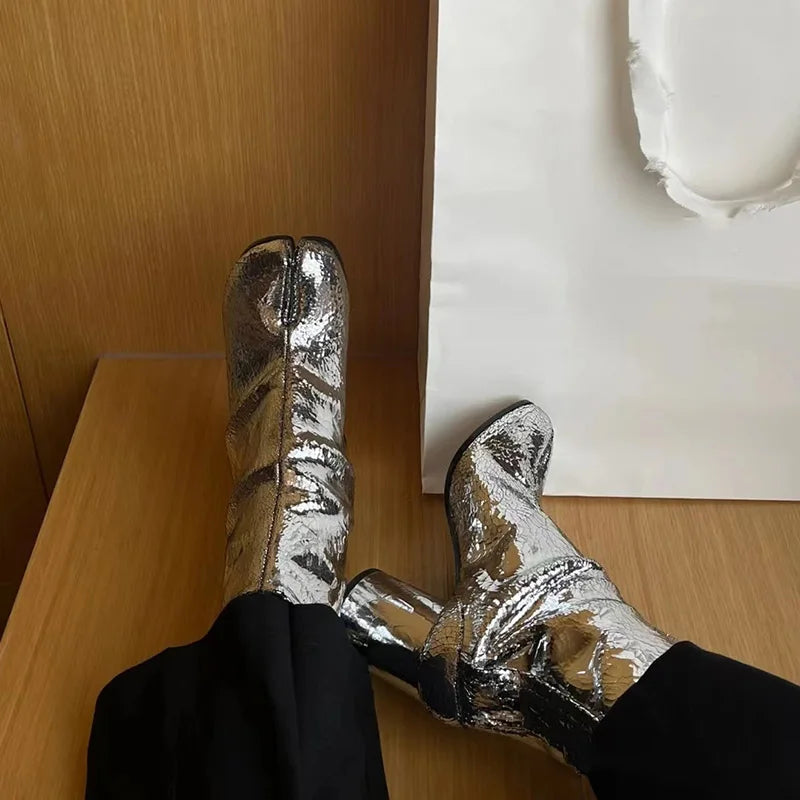 Genuine Leaher Broken Mirror Silver Chunky Heels Booties