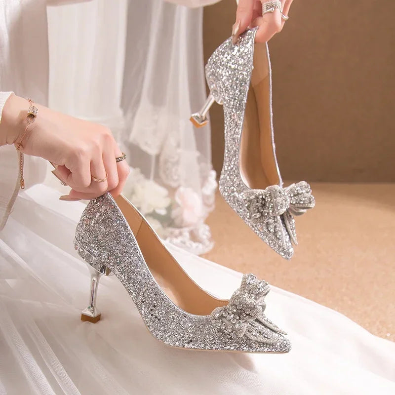 Rhinestone Bow Pump with Decorative Heel