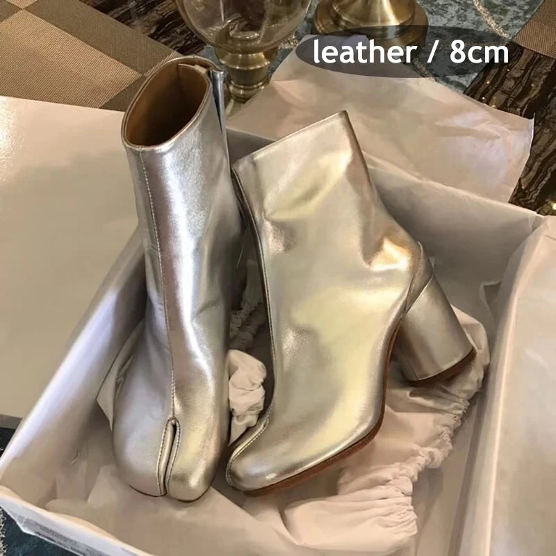 Genuine Leaher Broken Mirror Silver Chunky Heels Booties