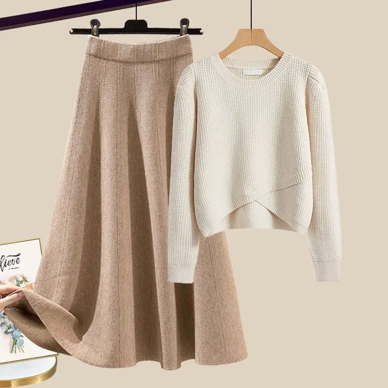 Knitted Sweater Half Skirt Maillard Dressing Set