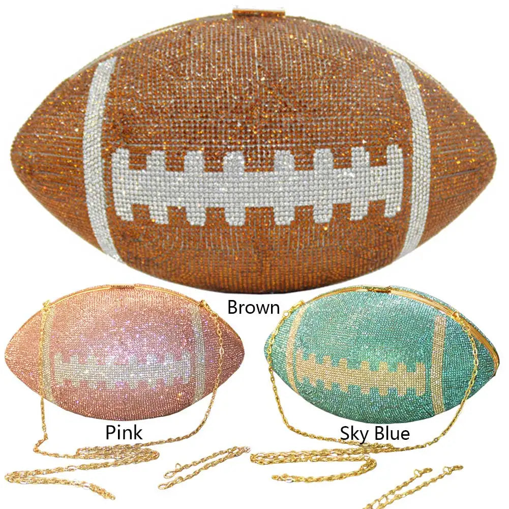 Creative Football Shape Bling Rhinestone Shiny Diamond Purse with Shoulder Chain