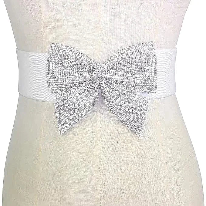 Rhinestone Bow Elastic Peplum Waistband Wide Corset Belt