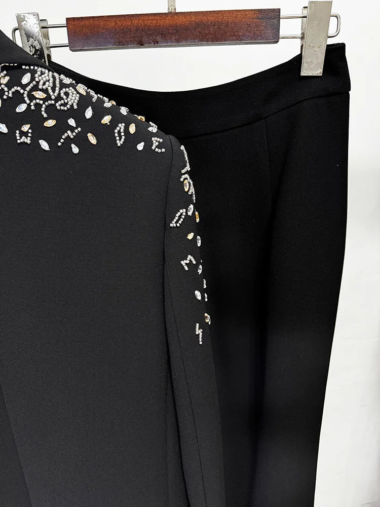 Beaded Diamonds  Shawl Collar Double Breasted Blazer Pants Set 2PC