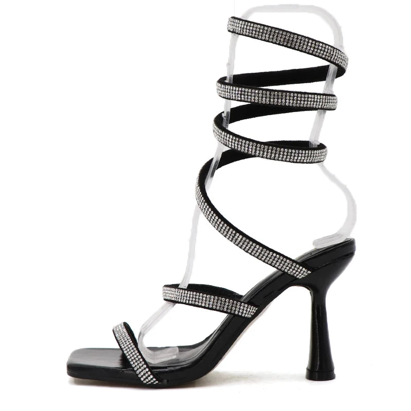 Rhinestone Spiral Strap High-Heeled Sandals