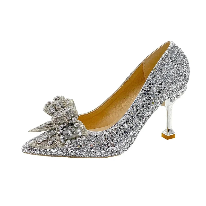 Rhinestone Bow Pump with Decorative Heel