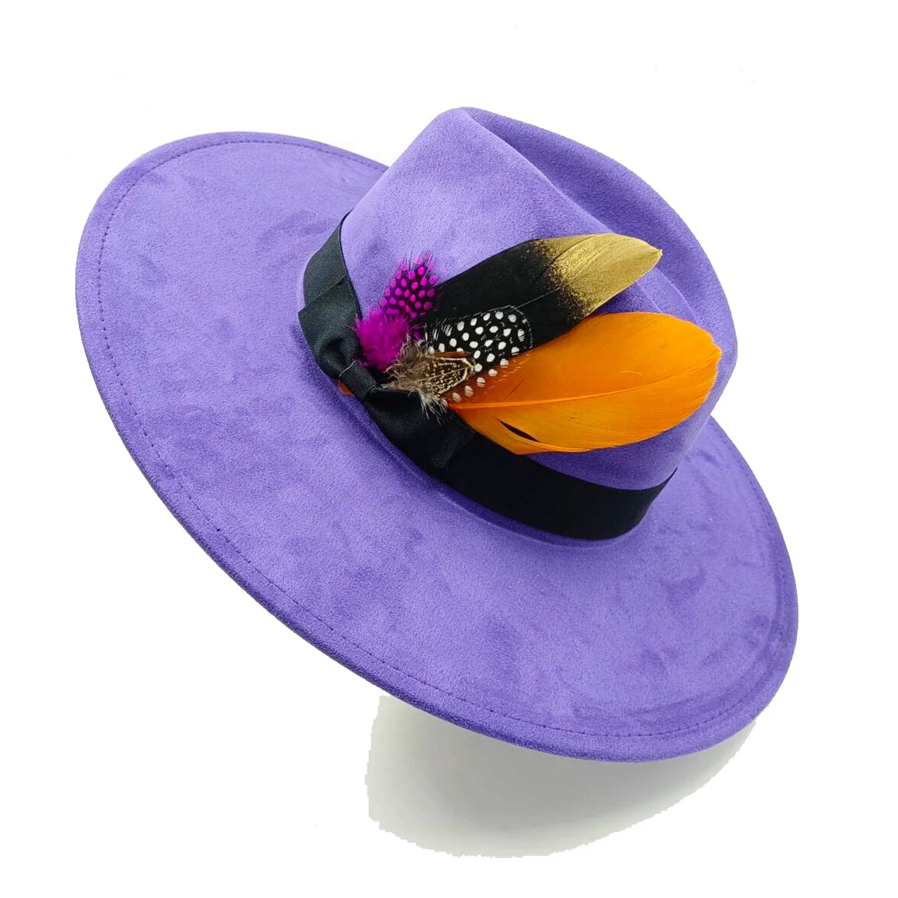 Wide Brim Feather Suede Fedora Hat Heart Top 9.5cm