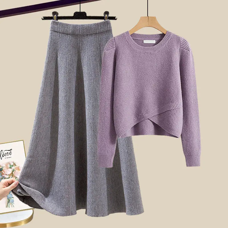 Knitted Sweater Half Skirt Maillard Dressing Set