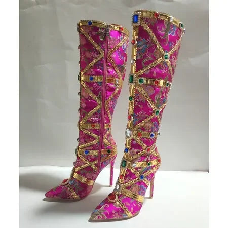 European Colorful RhinestoneEmbroidery Pointed Boots