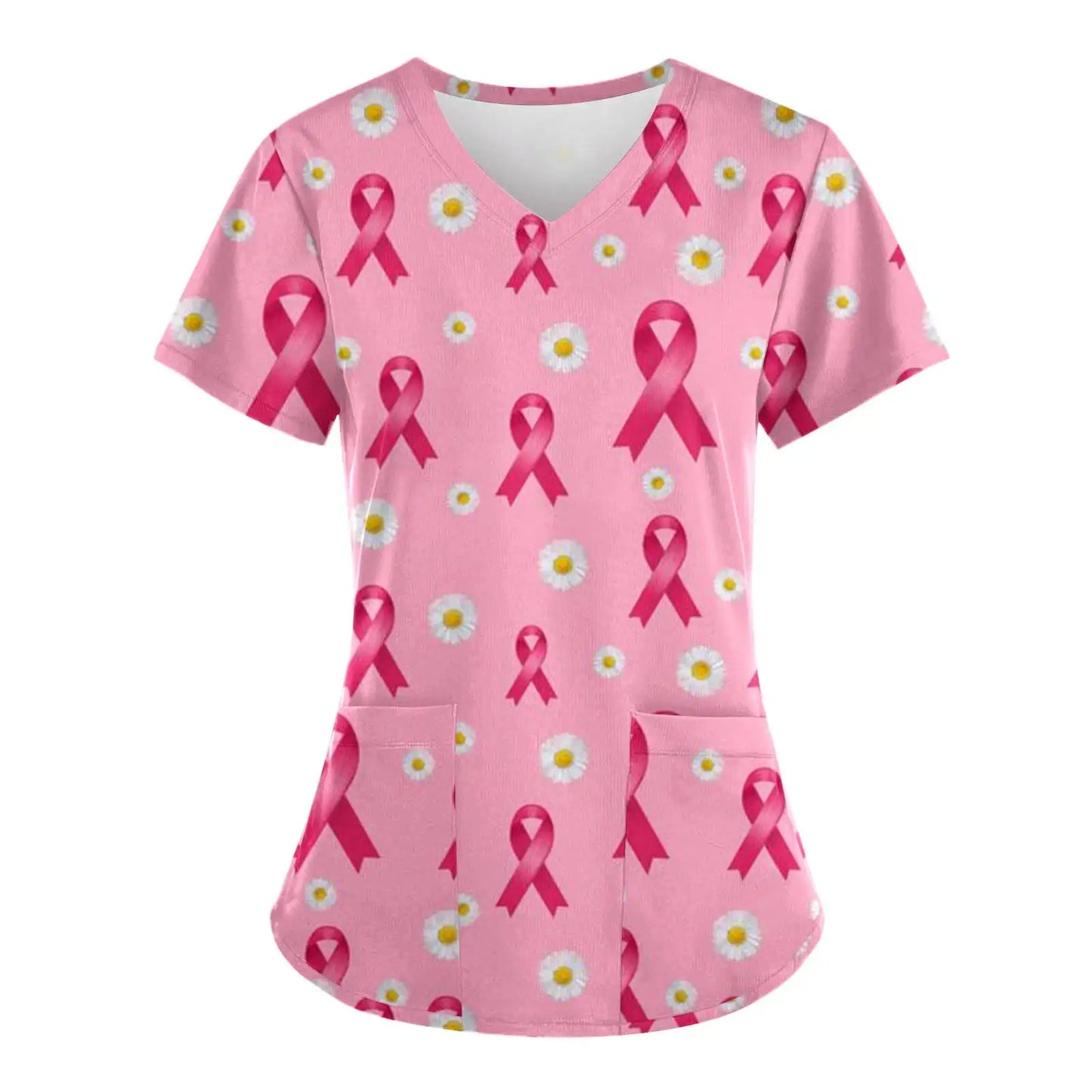 Pink Ribbon Cancer Fighter Women's V Neck Short Sleeve Tops with Pockets Scrubs